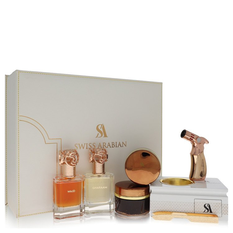 Swiss Arabian Bakhoor Dukhoon Al Haram by Swiss Arabian Gift Set - Gift Set contains 2 x 1.7 oz Eau De Parfum in Wajd & Gharaam + 2 x 60 grams of Incense in Dukhoon Al Haram & Oud Muattar Mumtaz