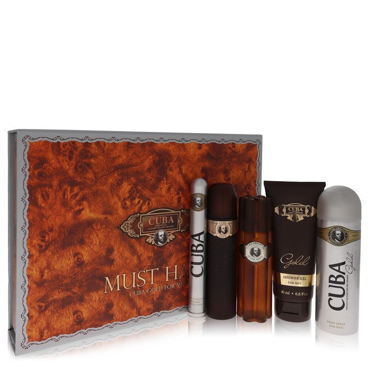 Cuba Gold by Fragluxe Gift Set - 3.3 oz Eau De Toilette Spray + 3.3 oz After Shave Spray + 6.7 oz Body Deodorant Spray + 6.7 oz Shower Gel + 1.17 oz EDT Spray